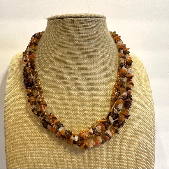 Multi-color Genuine Gemstone & Glass Bead Necklace multistrand, quartz carnelian - Picture 2 of 11